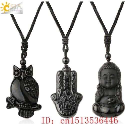 Obsidian Necklace Natural Stone Yoga Buddha Sculpture Tree of Life Animal Owl Men Necklaces Pendant Meditation Amulet Jewelry