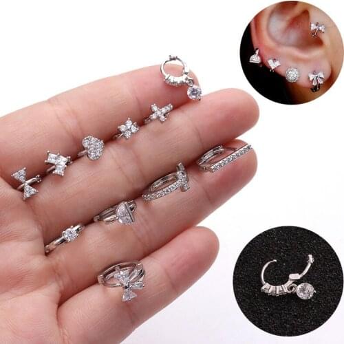 QCOOLJLY 1Pc New Tiny Cartilage Hoop With Cubic Zirconia Flower Cross Heart Bow Small Tragus Hoop Earring Helix Piercing Jewelry