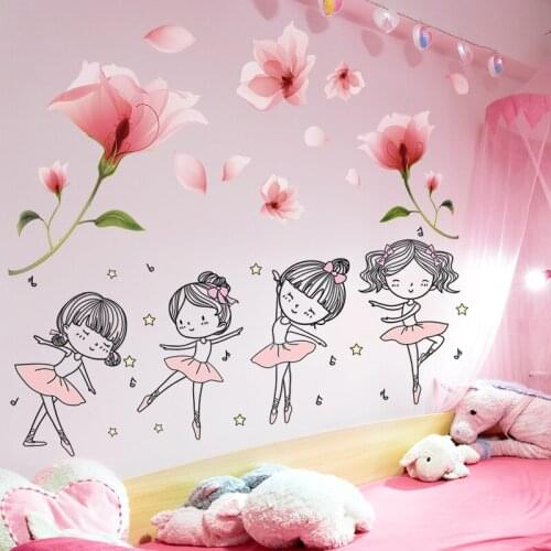 [shijuekongjian] Flowers Plants Wall Stickers DIY Cartoon Ballet Girl Wall Decals for Living Room Kids Bedroom House Decoration