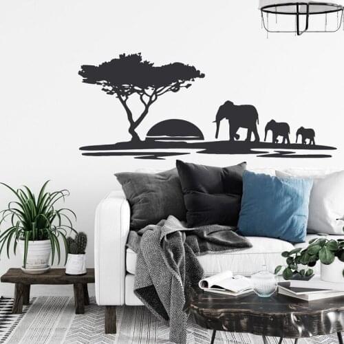 Elephants Wall Decal African Safari Vinyl Sticker, African Animal Elephant Family, Sunset, Tree Roon Decoration Murals Z392