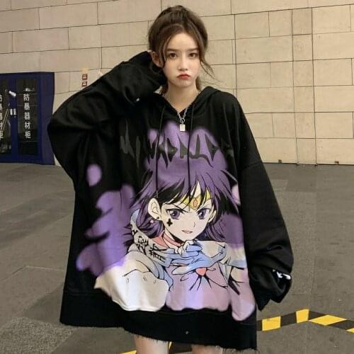 Hoodies Sweatshirt Loose Dark Gothic Female Lazy Anime Print Ins Drawstring Y2k Tops Kawaii Oversize Itself Harajuku Clothes