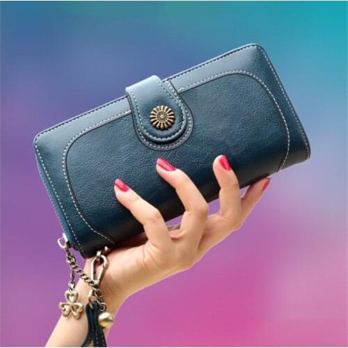 Vintage Button Phone Purses Women Wallets Female Purse Leather Brand Retro Ladies Long Zipper Wallet Card Clutch Bag