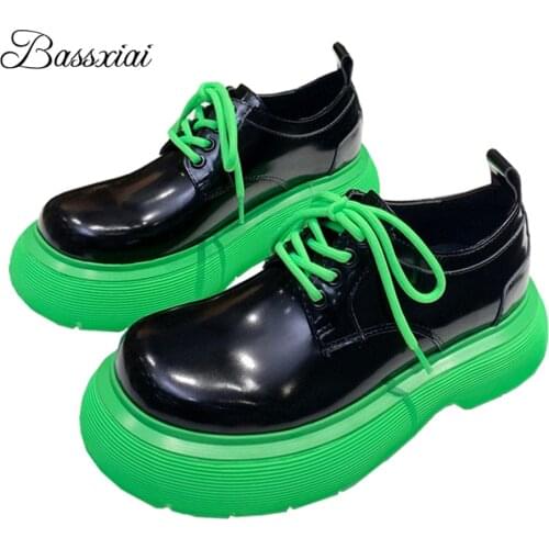 Mixed Candy Color Thick Heel Casual Shoes Woman Platform Round Toe Genuine Leather Cross-tied Zapatos De Mujer