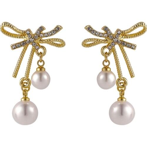 2021 Trend Korean Fashion Piercing Jewelry Gold Plated Pearl Crystal Bow Earrings Bijoux Femme Stud Earrings For Women Girls