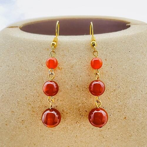 New Fashion Jewelry Earrings for Women 6mm+8mm+10mm Natural Red Agate Beads Dangle Earrings Gold Chain Long Lady Earrings korean