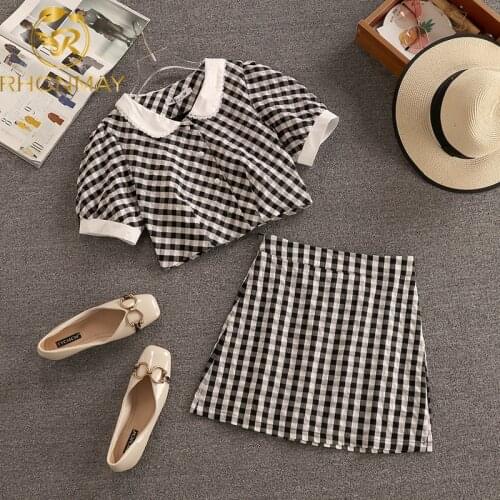 2021 Summer Women Two Piece Set Red Plaid Print Vintage Skirt Suits Short Sleeve Single Breasted Cropped Shirt and Pencil Skirt