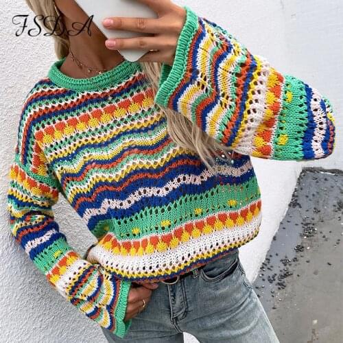 FSDA 2021 Autumn Winter Long Sleeve Pullover Women Knitted O Neck Vintage Fashion Green Y2k Casual Jacquard Sweater Sexy