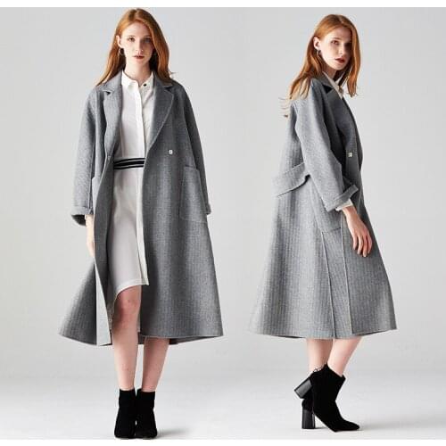 Long woolen blends cashmere coats for women 2019 autumn winter casual ladies jackets plus size high quality grey herringbone