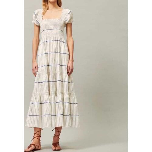 Boho Inspired Womens Blue Striped Smocked bodice Midi Dress for women cotton puff sleeve summer dress elegant ladies dress new