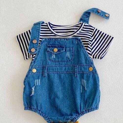 0-24Month Unisex Baby Denim Romper + Black Striped T-Shirt 2-piece Clothes Set One Year Toddler Infant Baby Clothes OBS214804