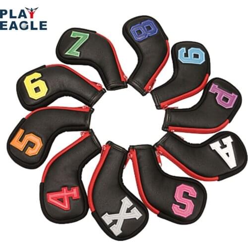 10Pcs Golf Iron Head Cover Zip PU Leather Embroidery Waterproof 4-9 PASX Irons Protector Club Case