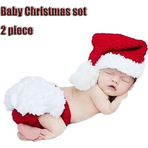 Baby Christmas 2 Pcs Infant Newborn Photography Props Christmas Cute Moe Santa Baby Clothing Hat Handmade Crochet Outfits