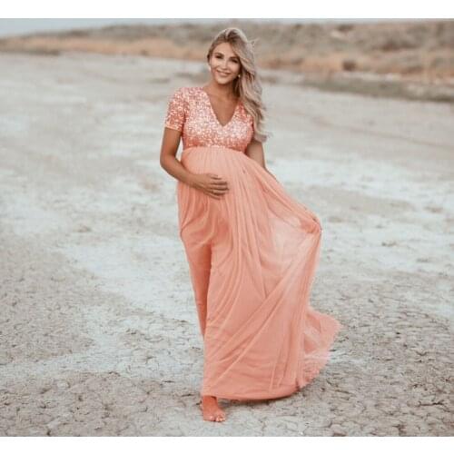 2020 Women Pregnants Maternity Photography Short Sleeve Sequined Solid Dress Lace Elegant Fashion Maternity Dresses