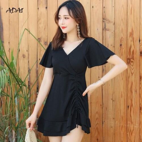 One-piece Womens Swimsuit Bathing Suits Draw String Bikini 2021 Skirt Suits Swimsuit with Sleeves Ruffles Swim Wear Beachwear