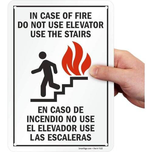 "In Case Of Fire Do Not Use Elevator, Use Stairs" Bilingual Sign | 7" x8" Aluminum