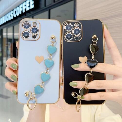 Candy Color Love Heart Wrist Bracelet Plating Phone Case For iPhone 11 Pro Max 12 Mini X XS XR 7 8 Plus SE 2020 Soft TPU Back