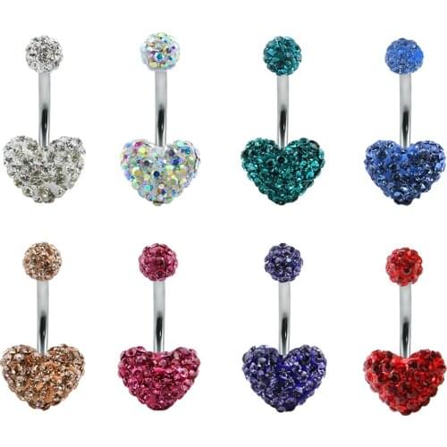 Colorful Crystal Navel Piercing Rings Stainless Steel With Heart Crystal Belly Button Rings Fashion Belly Piercing
