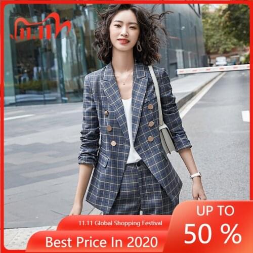 Double Breasted Plaid Suits Women Fashion 2 Piece Set Bazer And Pants Autumn Winter Office Jacket Trousers Suit Female 2020 New