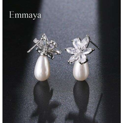 Emmaya Fashion Statement White Gold Noble Earring With Shiny Zirconia Flower Shape Exquisite Pearl Charming Wedding Party Gift