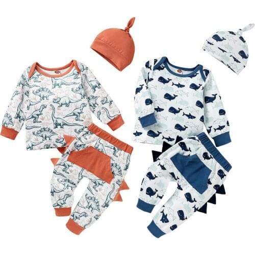 0-18 Months Toddler Boys Cartoon Animal Print Outfits O-Neck Long Sleeve Tops Long Pants Hat Baby Boys Spring Autumn Clothes Set