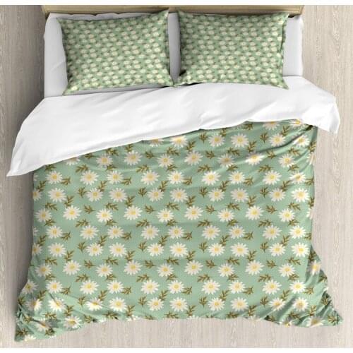 Floral Vintage Duvet Cover Set Daisies on Polka Dots 3 Piece Bedding Set Dark Khaki Pale Earth Yellow Eggshell Pistachio Green