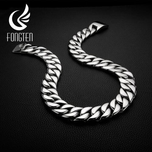 Fongten Heavy Wide Cuban Link Chain Mens Necklace Shiny Stainless Steel Polished Big Punk Jewelry