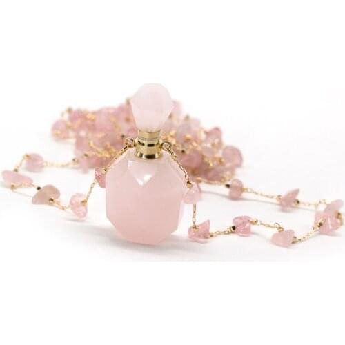 Natural Stone Perfume Bottle Essential Oil Diffuser Vial Pendants Necklace Rose Quartz Charms for Women Gift Chain Length 60 CM