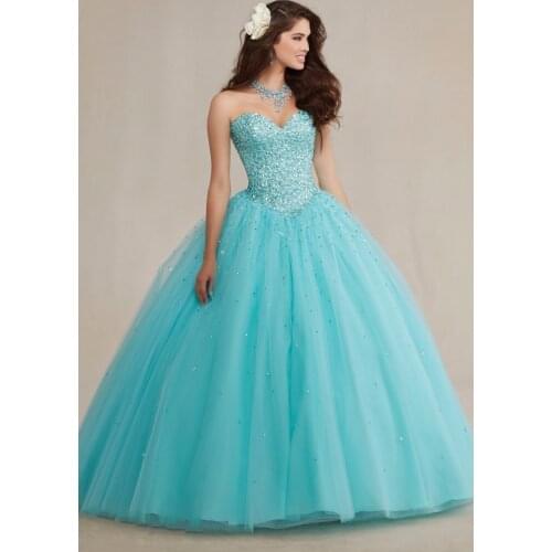 Sky Blue Cheap Quinceanera Dresses Ball Gown Sweetheart Tulle Beaded Crystals Puffy Sweet 16 Dresses