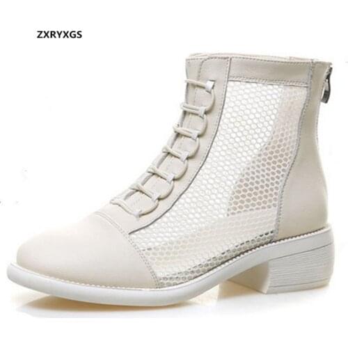 2020 New Round Head Mesh Cowhide Leather Sandals Cool Boots Elegant Fashion Sandals Casual Shoes Thick Heel Women Sandal Shoes