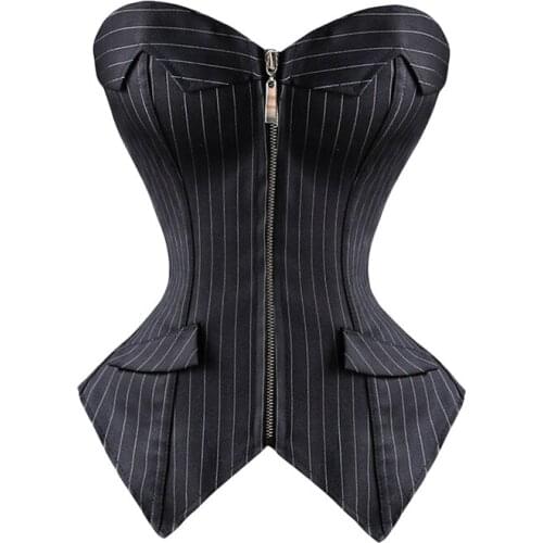 Corset Dress Set Corset Top and Skirt Set Women Zipper Overbust Bustiers Bodice Normal Corselette Black Striped Large Size 6XL