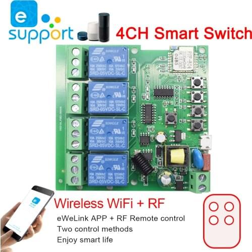 WIFI AC DC 12V 24V 32V WiFi Switch 4CH Relay Module Smart Home Automation Wireless Receiver and Ev1527 433MHz RF Remote Controls