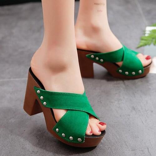 Summer Women Sandals Square High Heel Platform Flock Casual Rivet Pumps Peep Toe Female Elegant Ladies Shoes Zapatos De Mujer