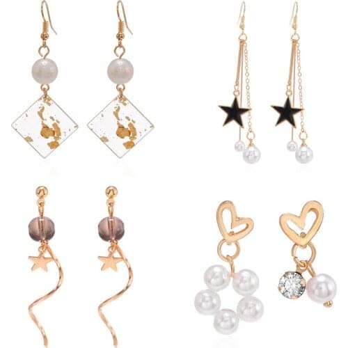 Fashion Hot Sale Asymmetric Love Pearl Earrings Women New Super Fairy Temperament Elegant Five Pointed Star Pendant Trend