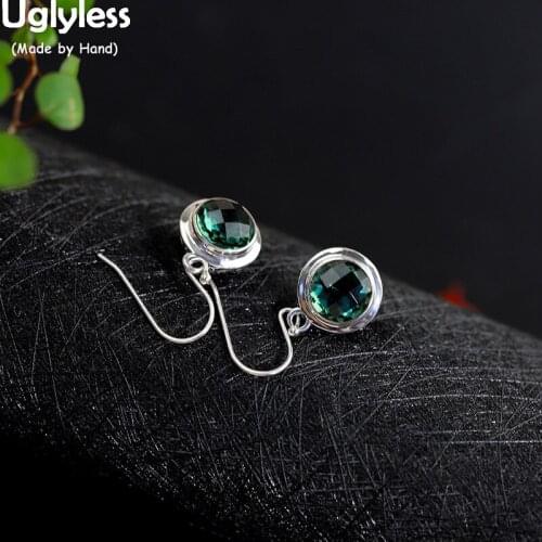 Uglyless Vintage Thai Silver Flower Earrings for Women Faceted Crystals Green Earrings Real 925 Sterling Silver Brincos E1701