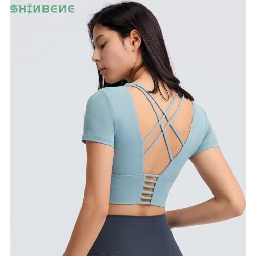 SHINBENE CHIC Back Padded Fitness Gym Yoga Crop Tops T-shirt Women Plain Cotton Feel Stretch Sport Workout Short-Sleeved Shirts