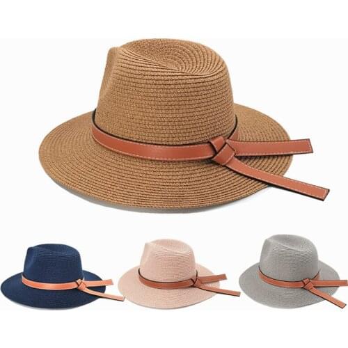 Summer Beach Straw Hats Women Foldable Big Wide Side Casual Female Panama Hat Sunshade Cap Travel Sun Cap With Leather