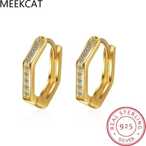 MEEKCAT Asymmetry Hexagon Crystals Hoop Earrings for Women Jewelry Ins Huggie Earrings 925 Sterling Silver Geometry Ear Buckles