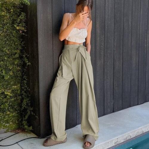 Green Loose Casual Pants 2021 Autumn Bandage Straight Wide Leg Pants Fashion Cotton Button Fly Draped Long Pants Temperament