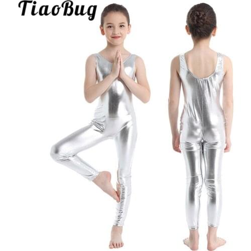 TiaoBug Kids Teens Shiny Gymnastics Leotard Girls Sports Bodysuit Unitard Sleeveless Ballet Leotard Children Stage Dance Costume