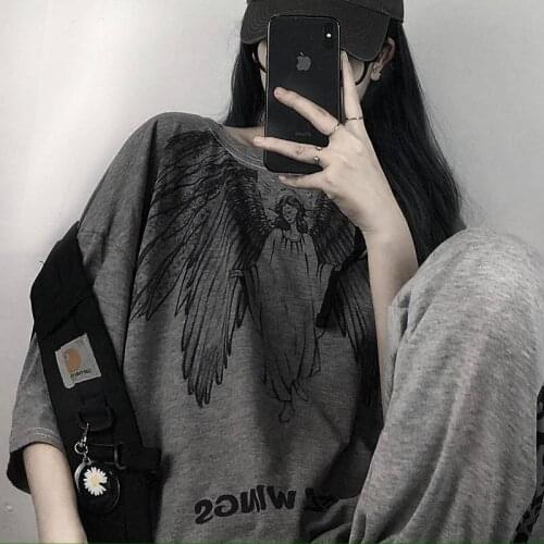 Harajuku Long Tshirt Streetwear Women Loose Gray Tops Summer Hip Hop Korean Clothes Women Casual Punk High Street T Shirts Girl