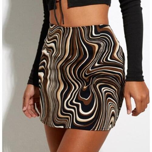Womens Bodycon Mini Skirt High Waist Asymmetric Striped Print Zip Up Short Pencil Skirt