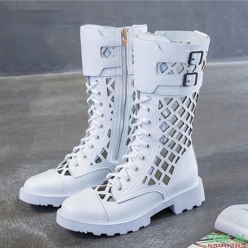 Womens Boots 2020 Summer Genuine Leather Woman Mid-Calf Boots Fashion Hollow Out Ladies Shoes Women Summer Boot Shoes