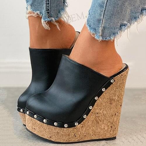 SEIIHEM Women Summer Pumps Round Toe High Heels Black Mules Studded Ladies Height Increase Shoes Woman Large Size 40 44 48 50 52
