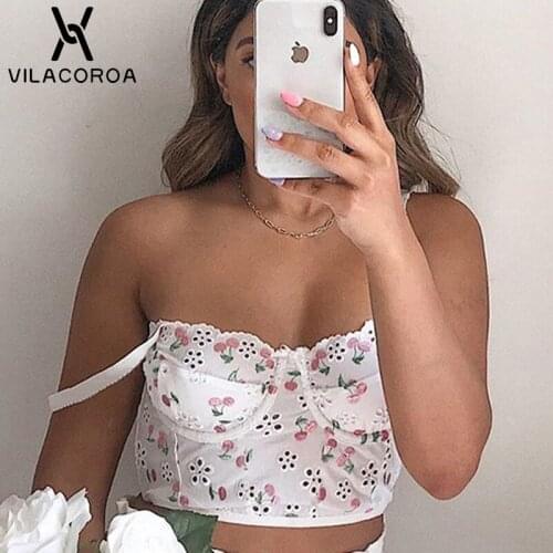 Hollow Sling Sexy Womens Camis Cherry Embroidery Off Shoulder Backless Crop Tops Cotton High Waist Street Y2K Female Top Vest