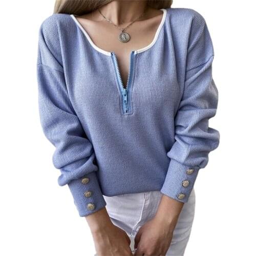 Womens Solid Color Loose Pullover Sweater Fashion Zipper Half Open Collar Lantern Sleeve Long Sleeve Knit Sweater Woman Top