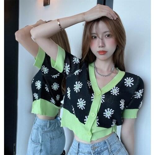 Cardigan Crop Top Women V-neck Summer Floral Fashion Vintage Style Thin Knitted Sweaters Chic Female Clothing Jumpers New