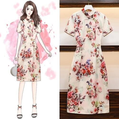 2020 New Summer Women Dress High Quality Chinese Style Gorgeous Retro Flowers Print Improved Cheongsam Dress Elegant Dress