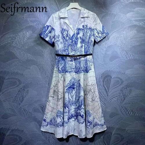 Seifrmann New 2021 Summer Women Fashion Designer Party Midi Dress Short Sleeve Sashes Loose Shirts Style Vintage Loose Dresses