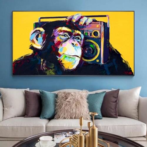 Animals Monkey Listening Music Painting Poster Printmaking HD Pictures Printed on Canvas Used for Room Home Decor Wall Art