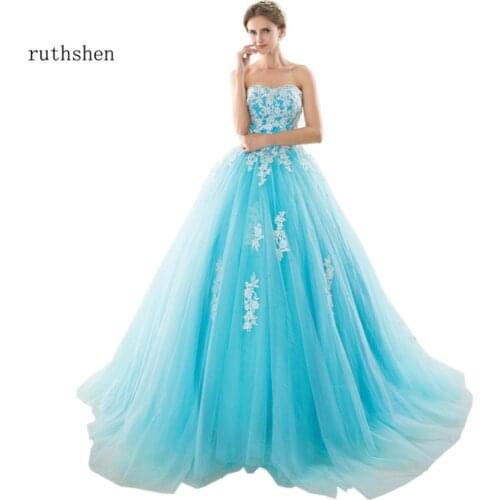 Ruthshen 2020 Cheap Debutante Masquerade Prom Ball Gowns Light Blue Beaded Appliques Ball Gown Quinceanera Dresses